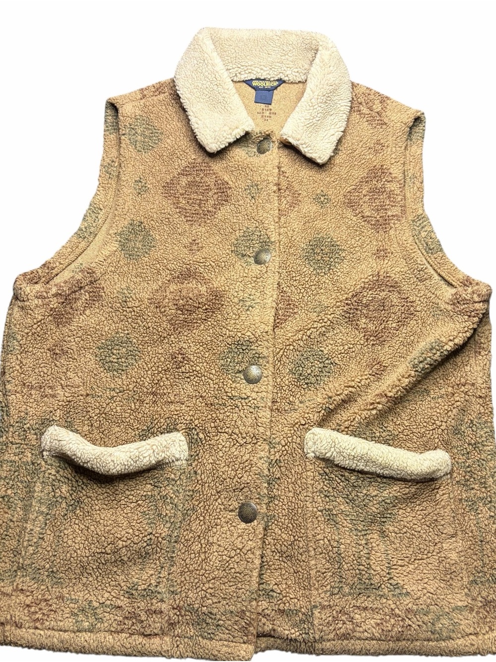 Vintage Woolrich Fleece Sherpa Vest Tan Womens XL Geometric Design Pockets